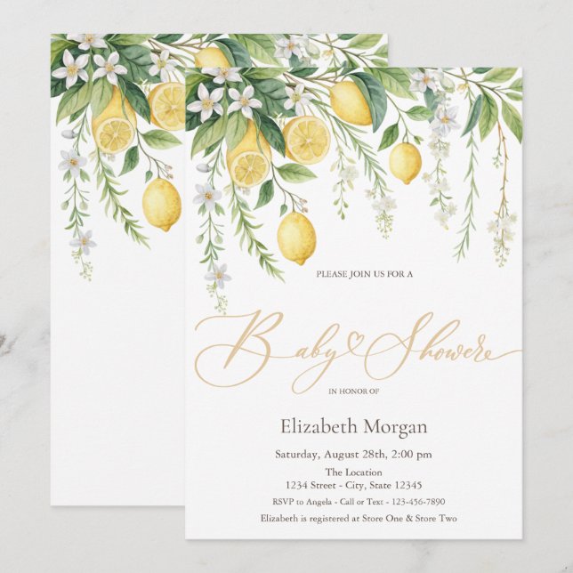 Invitation  Watercolor Blooming Lemons Baby Shower (Devant / Derrière)