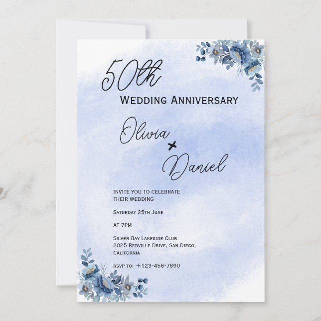 Invitation Watercolor Blue Floral Wedding Anniversary  (Devant)