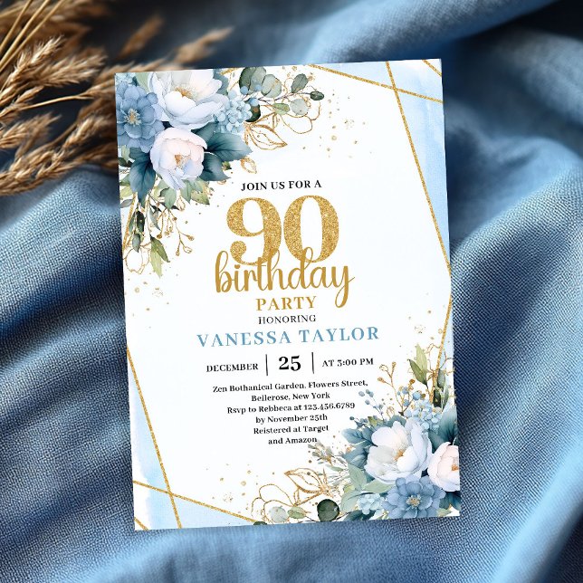Invitation Watercolor Blue Flowers 90th Birthday Elegant  (Watercolor Blue Flowers 90th Birthday Elegant Party Invite

)