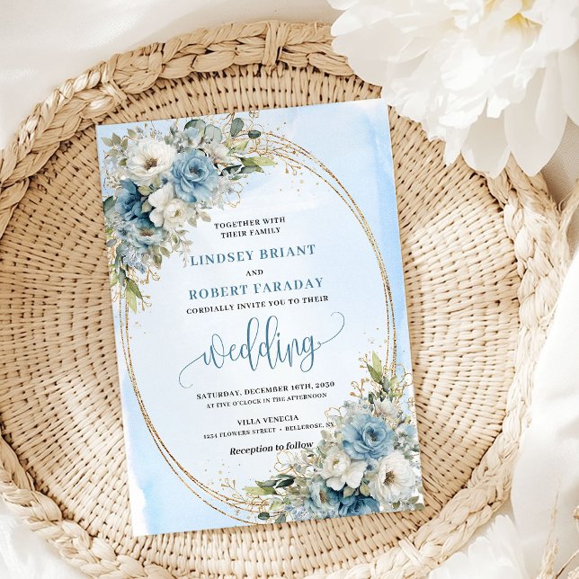 Invitation Watercolor Blue Flowers Eucalyptus Gold Wedding  (Watercolor Blue Flowers Eucalyptus Gold Wedding Invite)