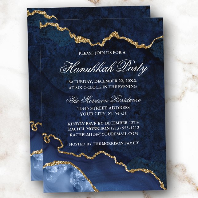 Invitation Watercolor Blue Gold Marble Geode Hanoukka Party (Customize to change text size, text style or to add more text to back of card.)
