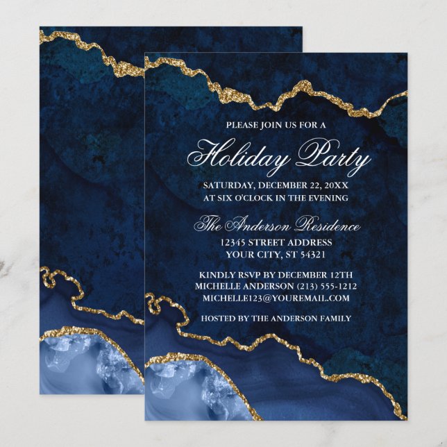 Invitation Watercolor Blue Gold Marble Géographie Fête (Devant / Derrière)