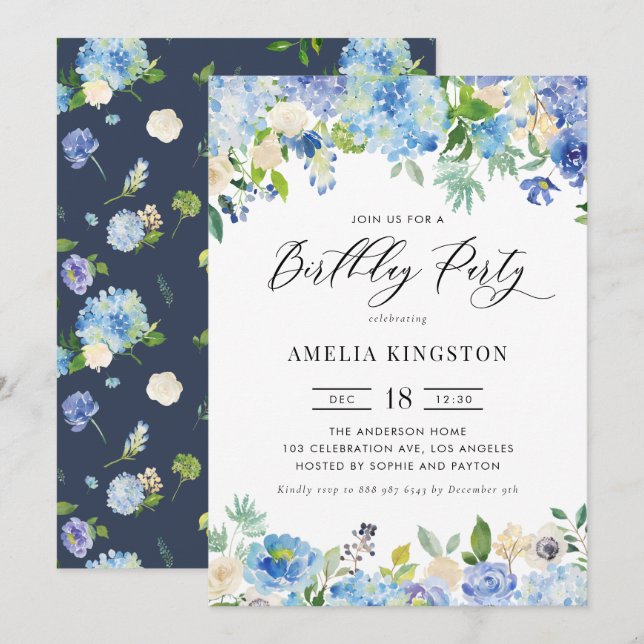 Invitation Watercolor Blue Hydrangea Floral fête d'anniversai (Devant / Derrière)