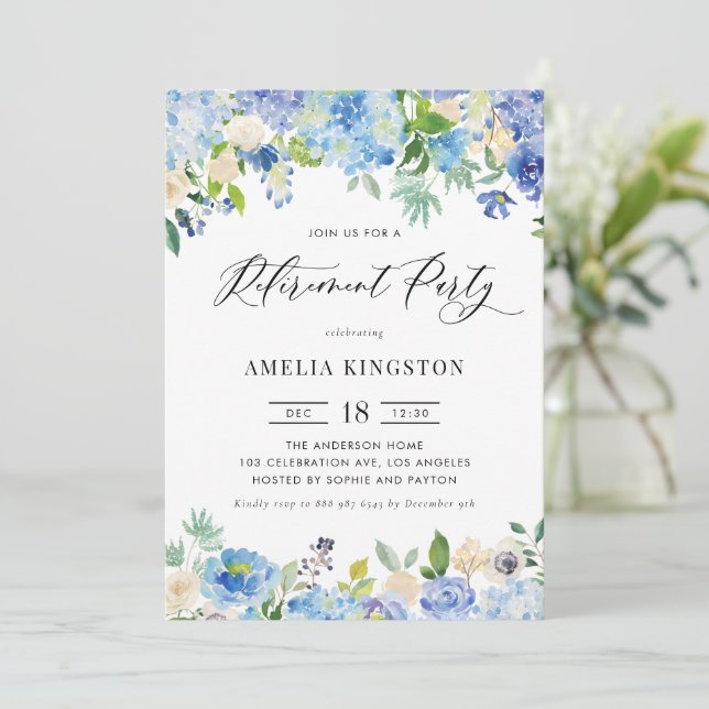 Invitation Watercolor Blue Hydrangea Garland Retraite Party (Debout devant)