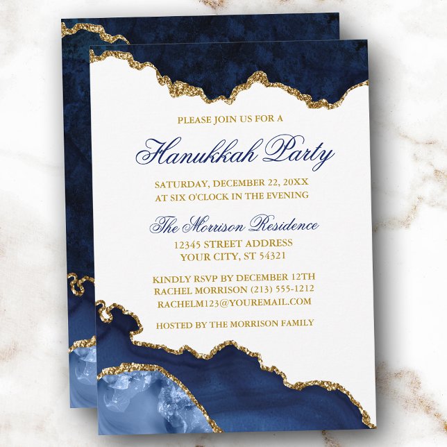 Invitation Watercolor Blue Marble Geode Gold Hanoukka Party (Customize to change text size, text color, text style or to add more text to back of card.)