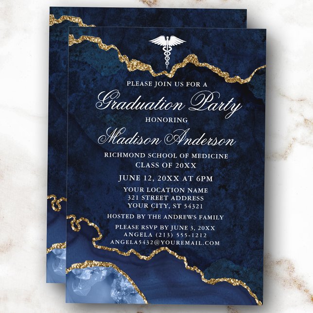 Invitation Watercolor Blue Marble Médicale Graduation Party (Customize to change text size, style or to add more text or photos to back of card.)