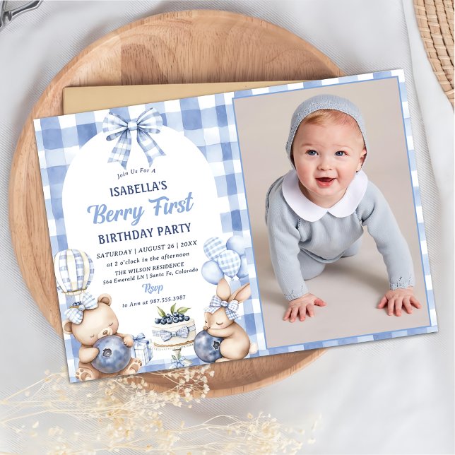 Invitation Watercolor Blueberry 1st Birthday Party Photo  (Créateur téléchargé)