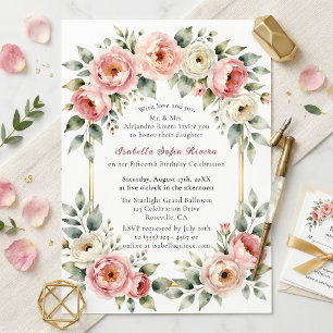 Invitation Watercolor Blush Peony Cadre Doré Quinceañera