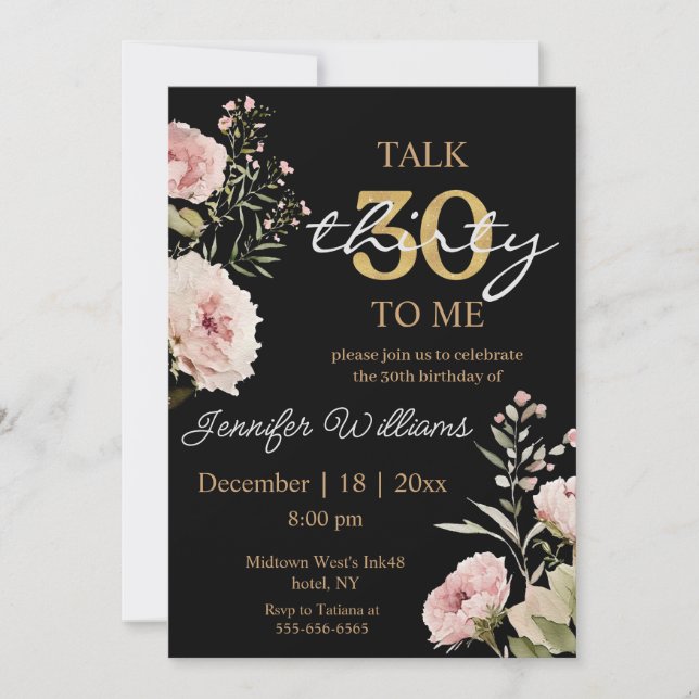 Invitation watercolor blush pink roses 30th birthday black (Devant)