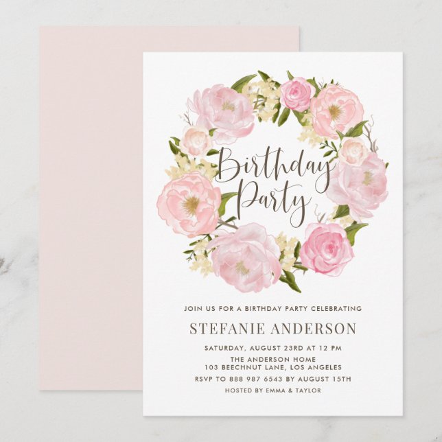 Invitation Watercolor Blush Pink Wreath fête d'anniversaire (Devant / Derrière)