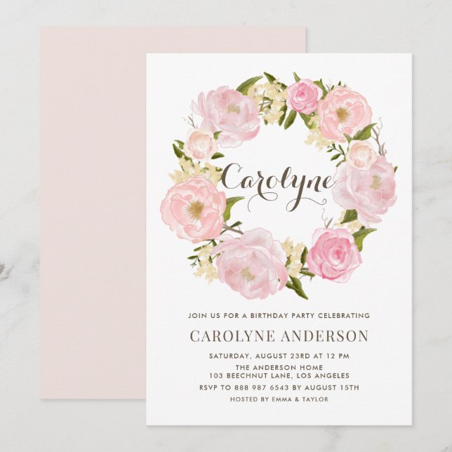 Invitation Watercolor Blush Pink Wreath fête d'anniversaire (Devant / Derrière)