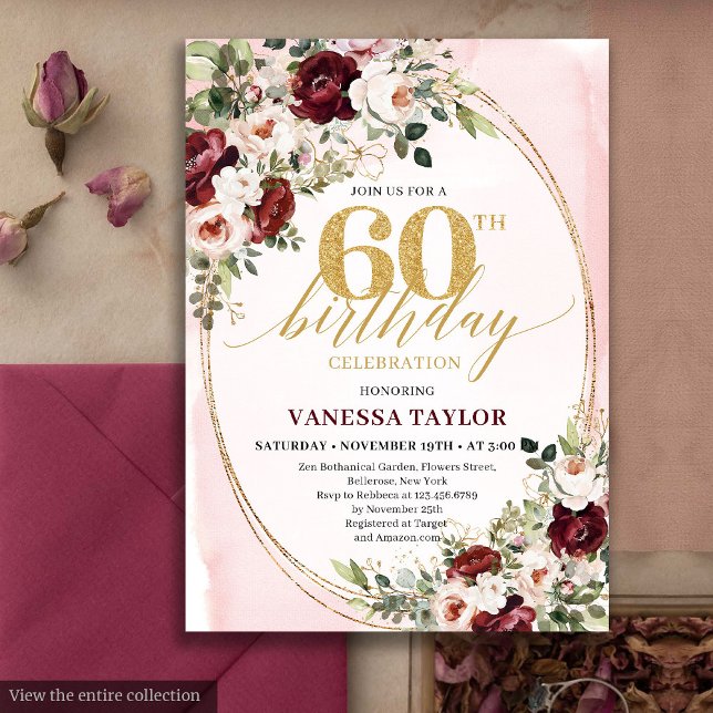 Invitation Watercolor Boho Blush Burgundy 60th Birthday Card (Watercolor Boho Blush Burgundy 60th Birthday)