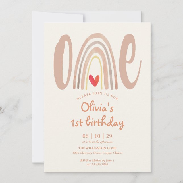 Invitation Watercolor Boho Rainbow Heart 1st Birthday (Devant)