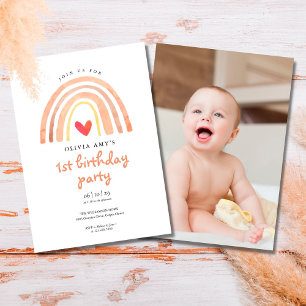 Invitation Watercolor Boho Rainbow Heart Photo Anniversaire