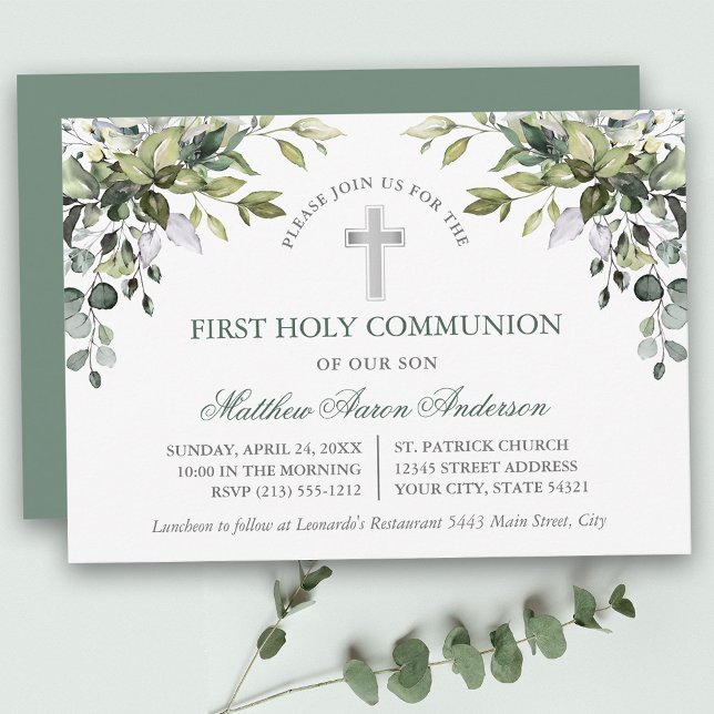Invitation Watercolor Botanical Greenery Sage Green Communion (Customize to change text color, text style or color of back of card.)