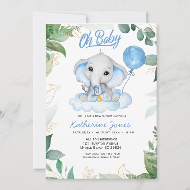 Invitation Watercolor Boys Elephant Baby shower (Devant)