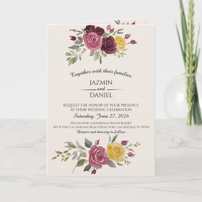 Invitation  Watercolor Burgundy Country Roses Cream (Devant)