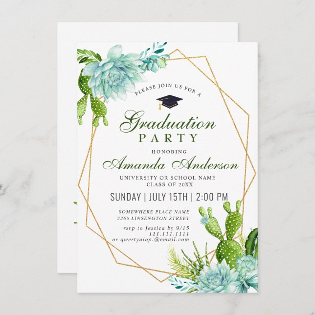 Invitation Watercolor Cactus Eucalyptus Graduation Party (Devant / Derrière)