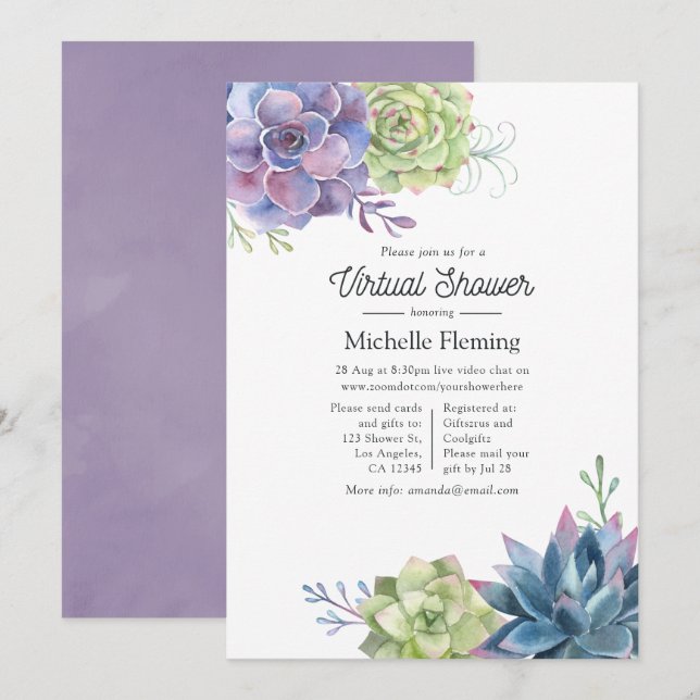 Invitation Watercolor Cactus Succuls Baby shower virtuel (Devant / Derrière)