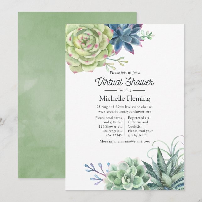 Invitation Watercolor Cactus Succuls Baby shower virtuel (Devant / Derrière)