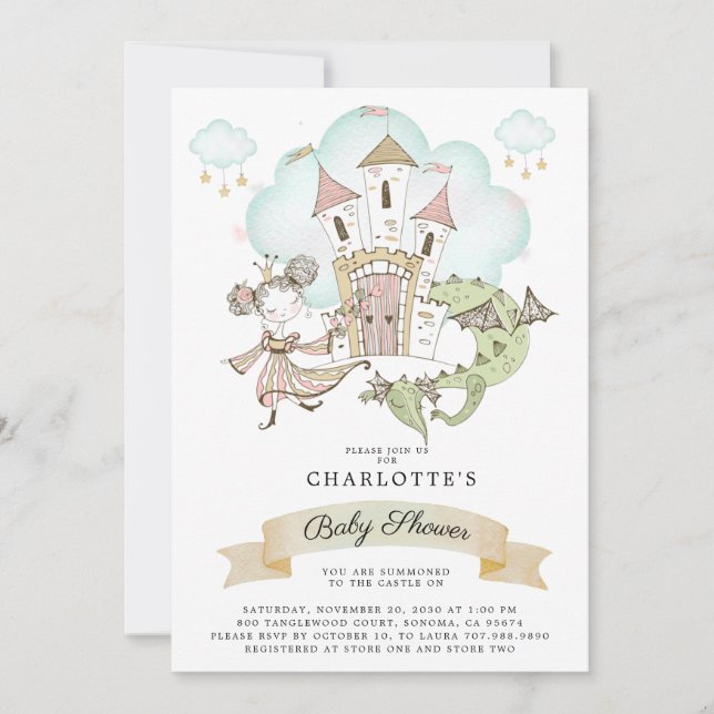 Invitation Watercolor Castle Princess Dragon Baby shower (Devant)