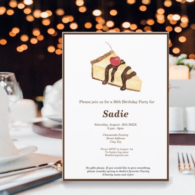 Invitation Watercolor Cheesecake Elegant Birthday (Join us for an exquisite cheesecake indulgence with an invitation that exudes elegance. )