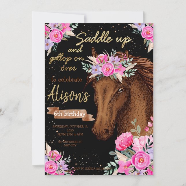 Invitation Watercolor cheval anniversaire cheval (Devant)