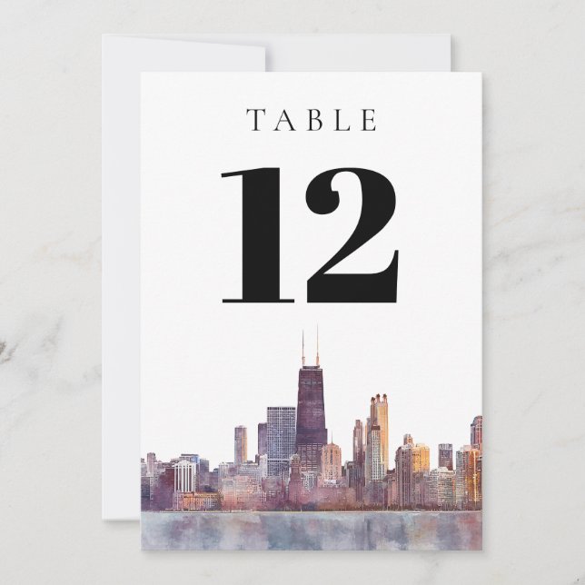Invitation Watercolor Chicago Skyline Table Number (Devant)