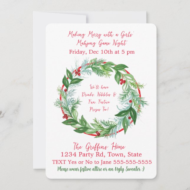 Invitation Watercolor Christmas MAHJONG Holiday Wreath L (Devant)