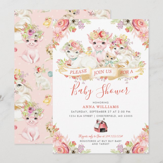 Invitation Watercolor Country Farm Animaux Baby shower (Devant / Derrière)