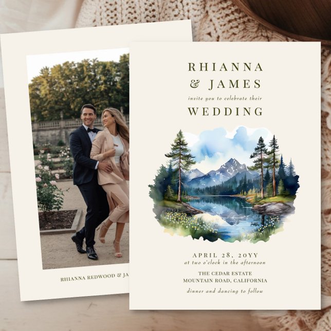 Invitation Watercolor Country Lake Mariage photo (Wedding invitation with photo  from the Country Lake wedding collection by Darling & May)