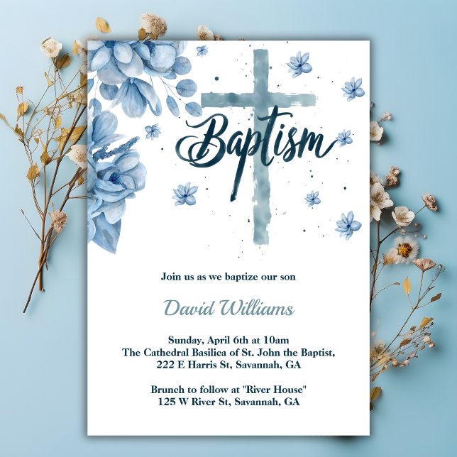 Invitation Watercolor Cross Florals Dusty Blue Boy Baptême (Watercolor Cross Florals Dusty Blue Boy Baptism Invitation)