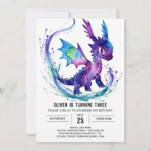 Invitation Watercolor Cute Dragon Digital Boy Anniversaire
