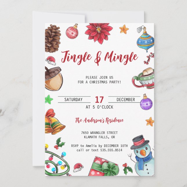 Invitation Watercolor Cute Jingle & Mingle Christmas Party (Devant)