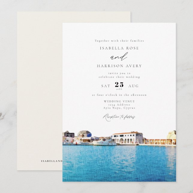 Invitation Watercolor Cyprus Skyline Beach Ocean Mariage (Devant / Derrière)