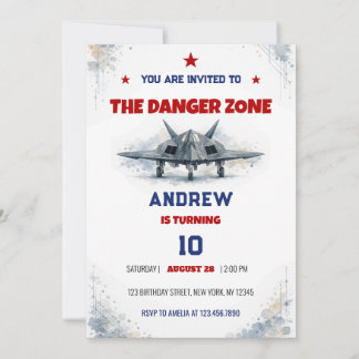 Invitation Watercolor Danger Zone F117 Jet Fighter Birthday