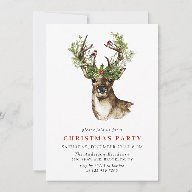 Invitation Watercolor Deer Mistletoe Fête de Noël (Devant)