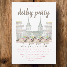 Invitation Watercolor Derby Party Horse Racing Building Brown