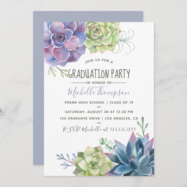 Invitation Watercolor Desert Cactus Succulents Graduation (Devant / Derrière)