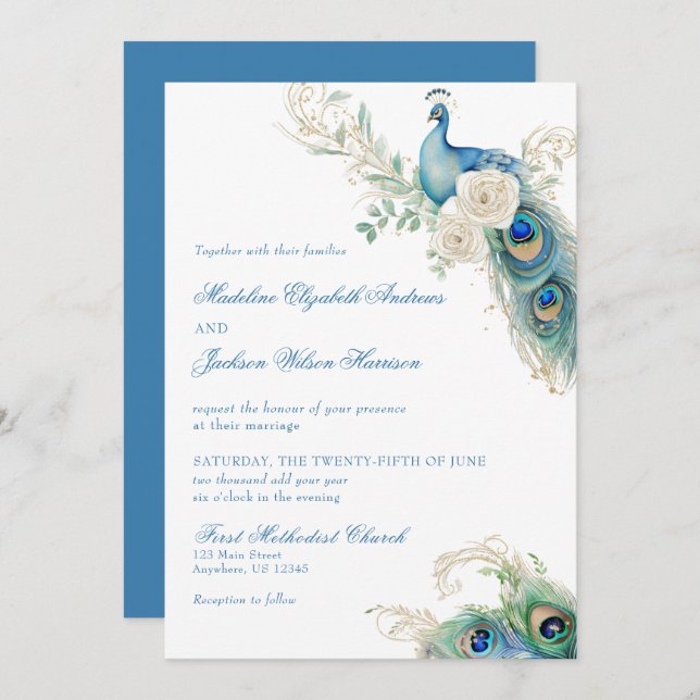 Invitation Watercolor Designer Blue Monogram Crest Wedding (Devant / Derrière)