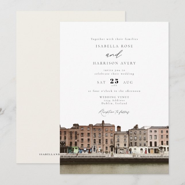 Invitation Watercolor Dublin Irlande Skyline River Mariage (Devant / Derrière)