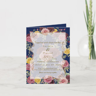 Invitation Watercolor Dusty Burgundy Yellow Roses/Blue
