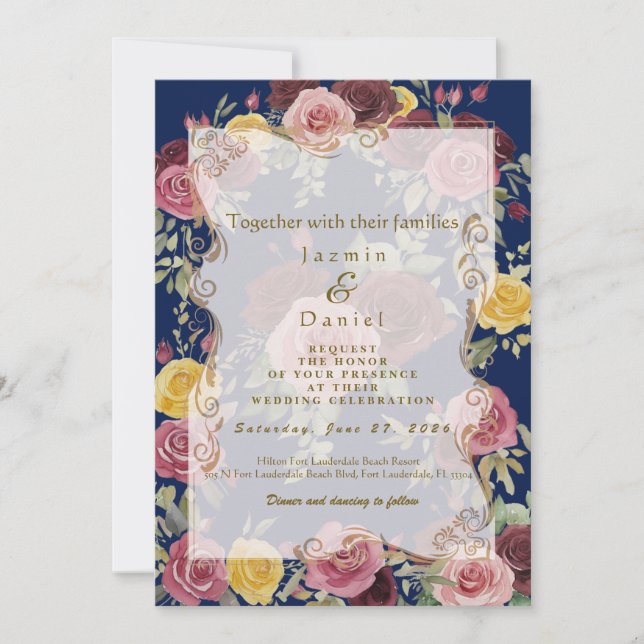 Invitation Watercolor Dusty Burgundy Yellow Roses/Blue Flat (Devant)