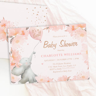 Invitation Watercolor Elephant Floral Gold Girl Baby Shower