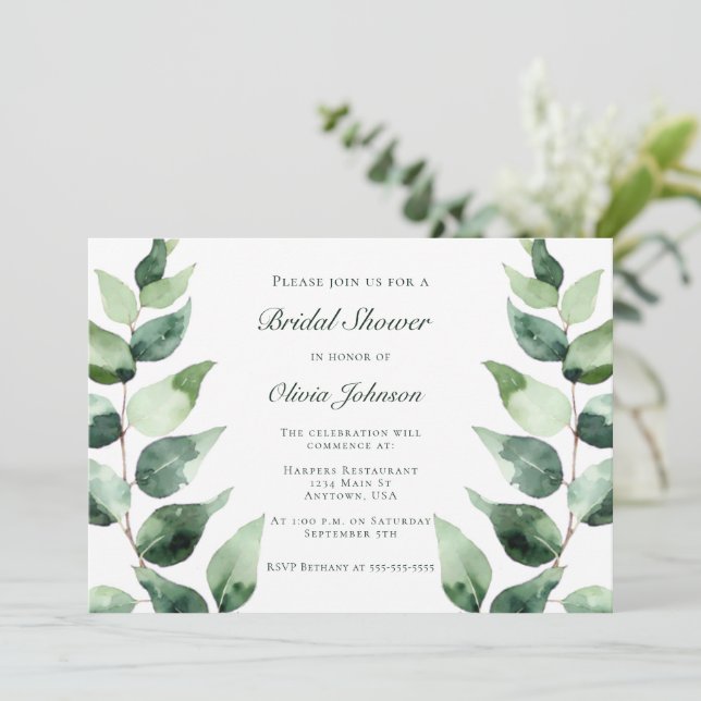 Invitation Watercolor Eucalyptus Bridal Shower | White (Debout devant)
