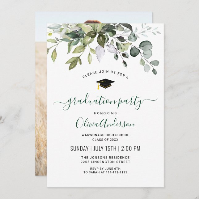 Invitation Watercolor Eucalyptus Fête de graduation (Devant / Derrière)