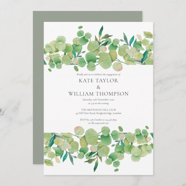 Invitation Watercolor Eucalyptus Green Engagement Party (Devant / Derrière)