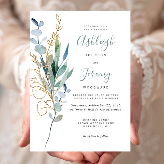 Invitation Watercolor Eucalyptus Green Gold Wedding (Créateur téléchargé)