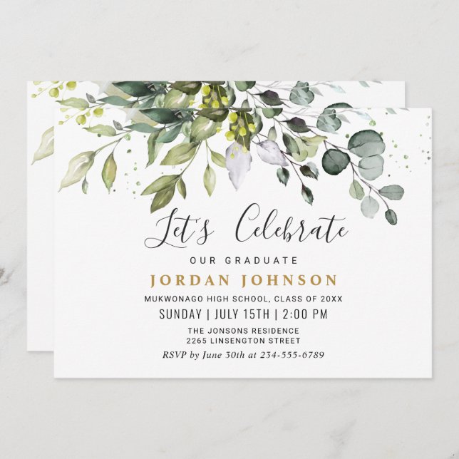 Invitation Watercolor Eucalyptus Green Graduation Party (Devant / Derrière)