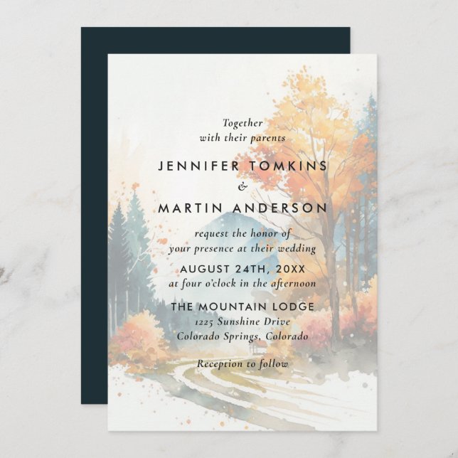 Invitation Watercolor Fall Mountain Mariage forestier (Devant / Derrière)